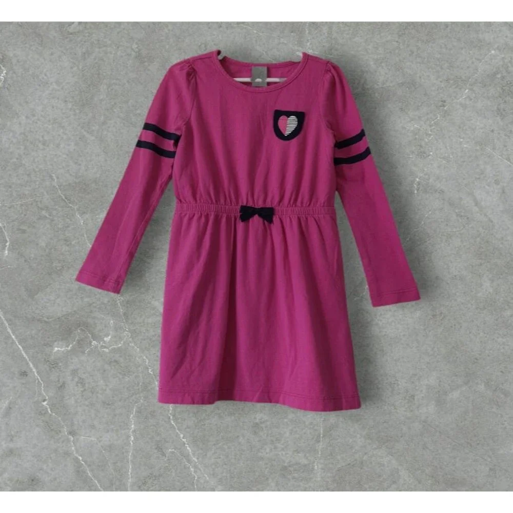 Gymboree Girls Long Sleeve Dress Round Neck Casual Fuchsia Heart Detail Size 5